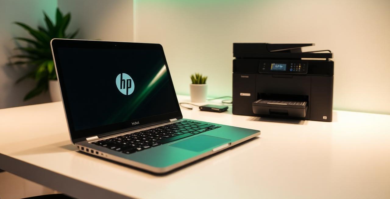 HP laptop and multifunction printer with green accent lighting