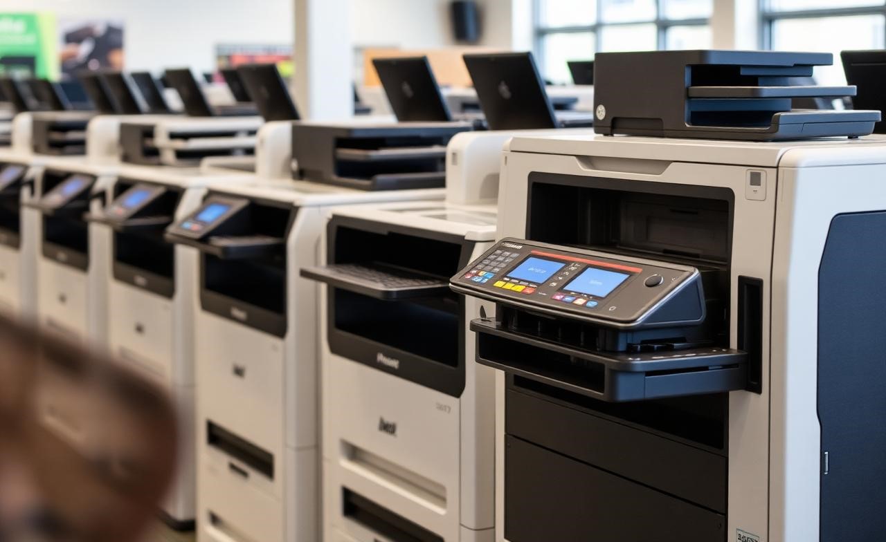 Row of laser printers and laptops in showroom