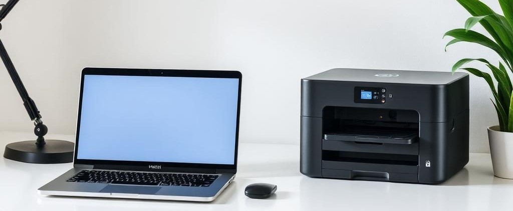 Modern laptop and printer on office desk